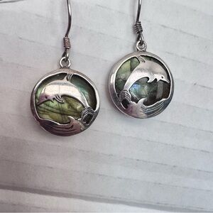 Sterling Silver & Labradorite Dolphin Pendant Drop‎ Earrings Ocean Beach Coastal